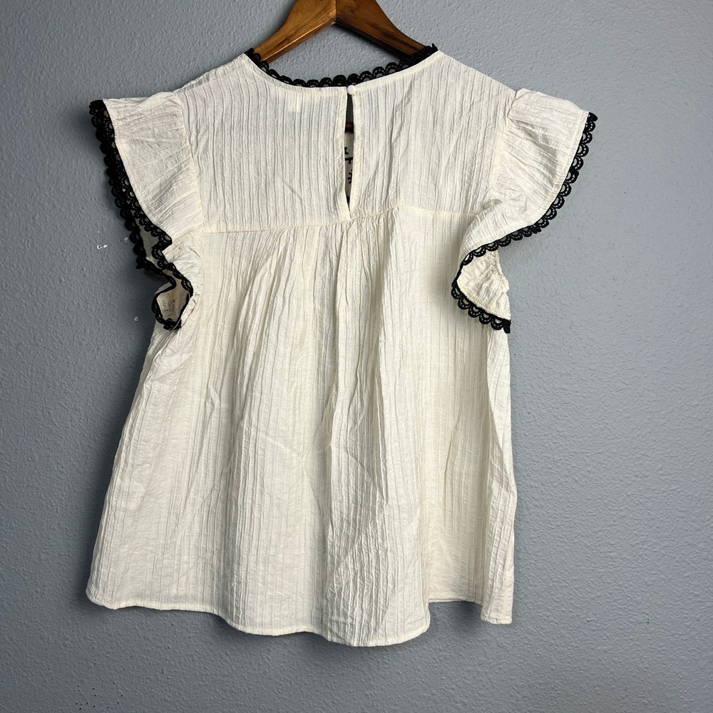 MINE Women's Boutique Prairie Embroidered Ruffle Sleeve Top Cream Black Size‎ M - Picture 3 of 9